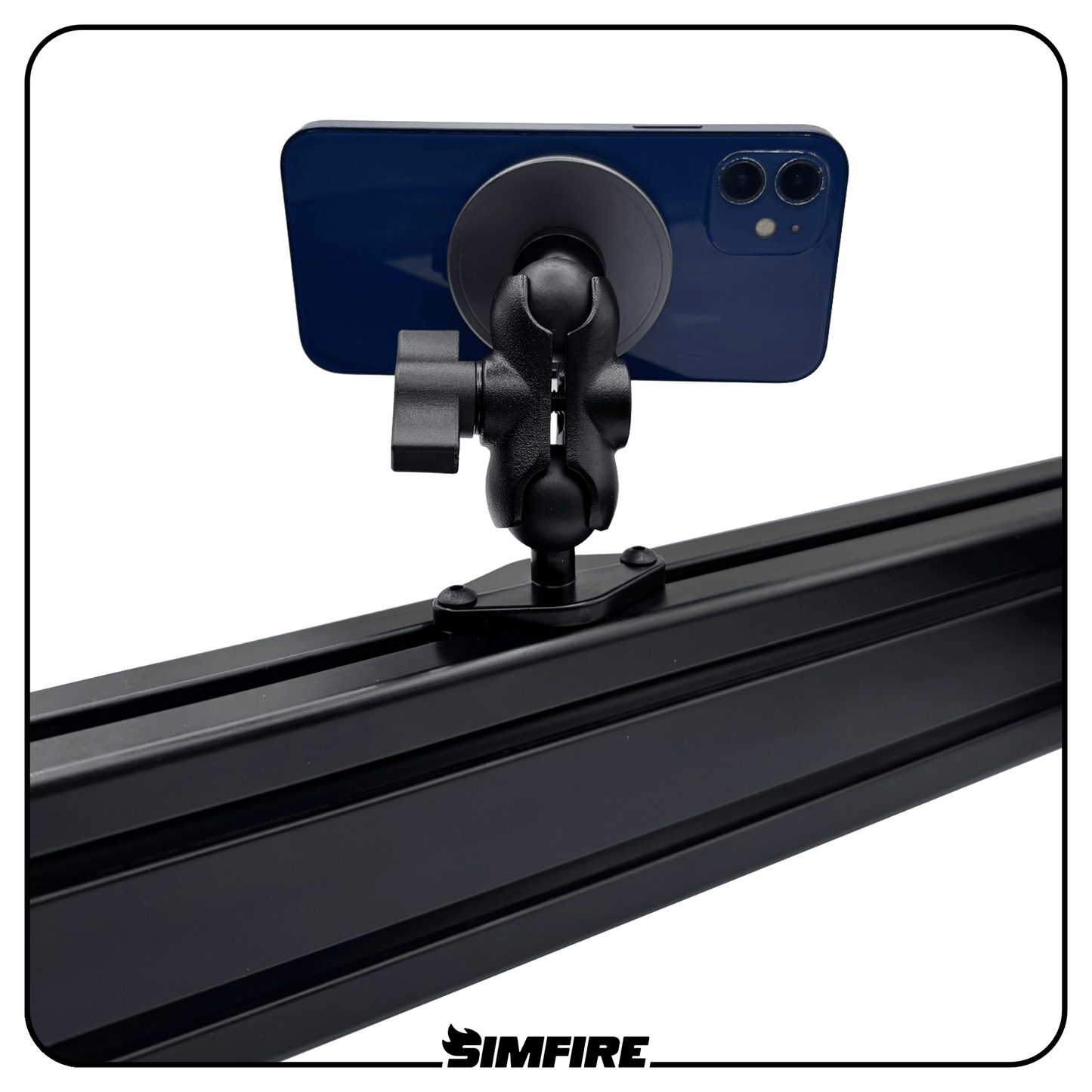 MagSafe compatible phone holder mounted to an adjustable sim racing arm