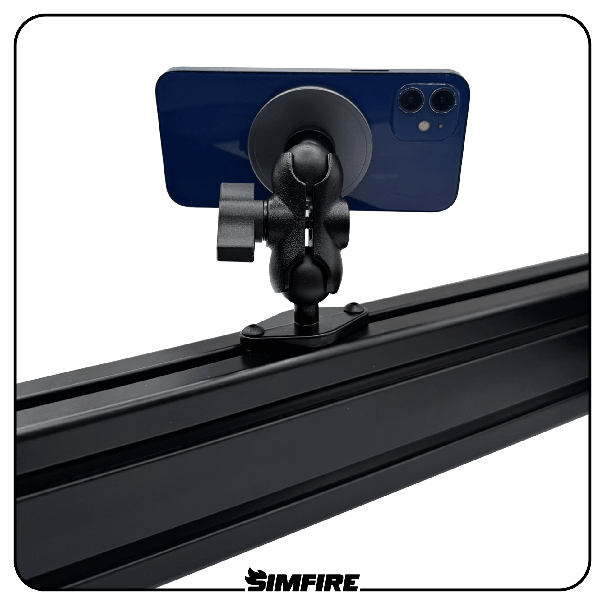 MagSafe compatible phone holder mounted to an adjustable sim racing arm
