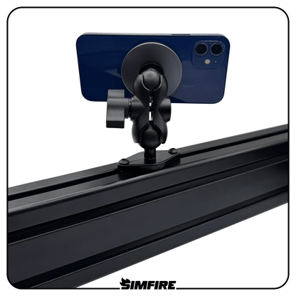 MagSafe compatible phone holder mounted to an adjustable sim racing arm
