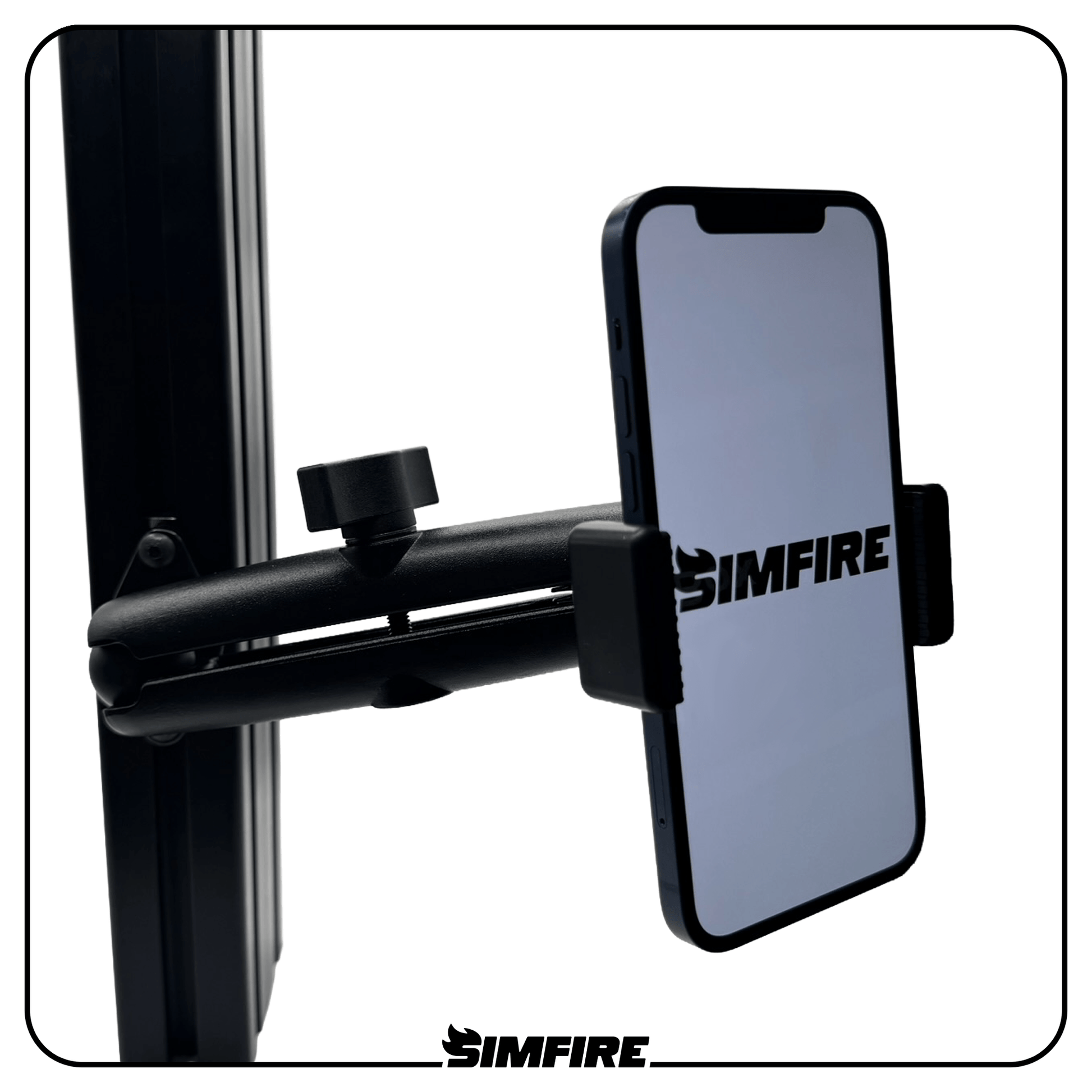 Spring loaded phone holder securely holding a smartphone on a sim racing rig