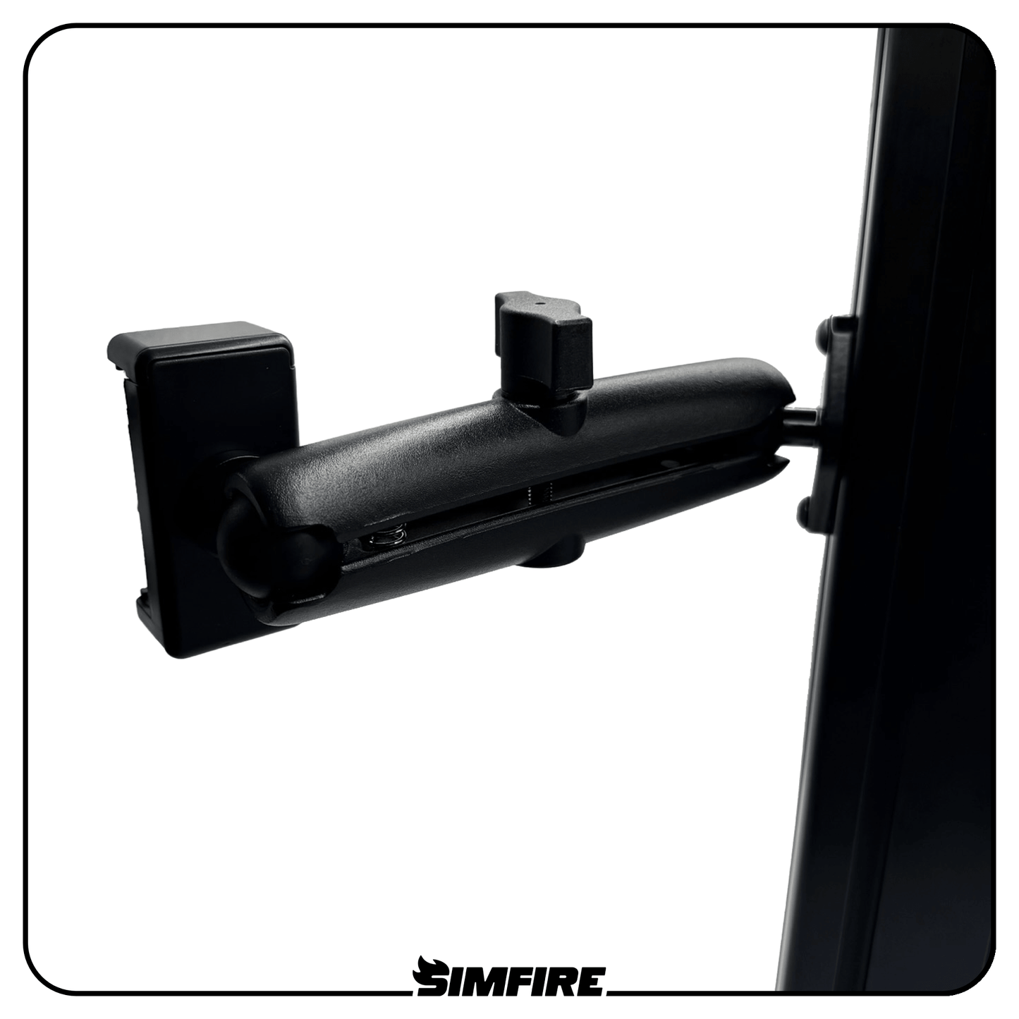 Spring loaded phone holder securely holding a smartphone on a sim racing rig