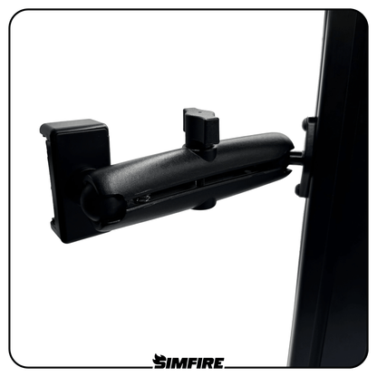 Spring loaded phone holder securely holding a smartphone on a sim racing rig
