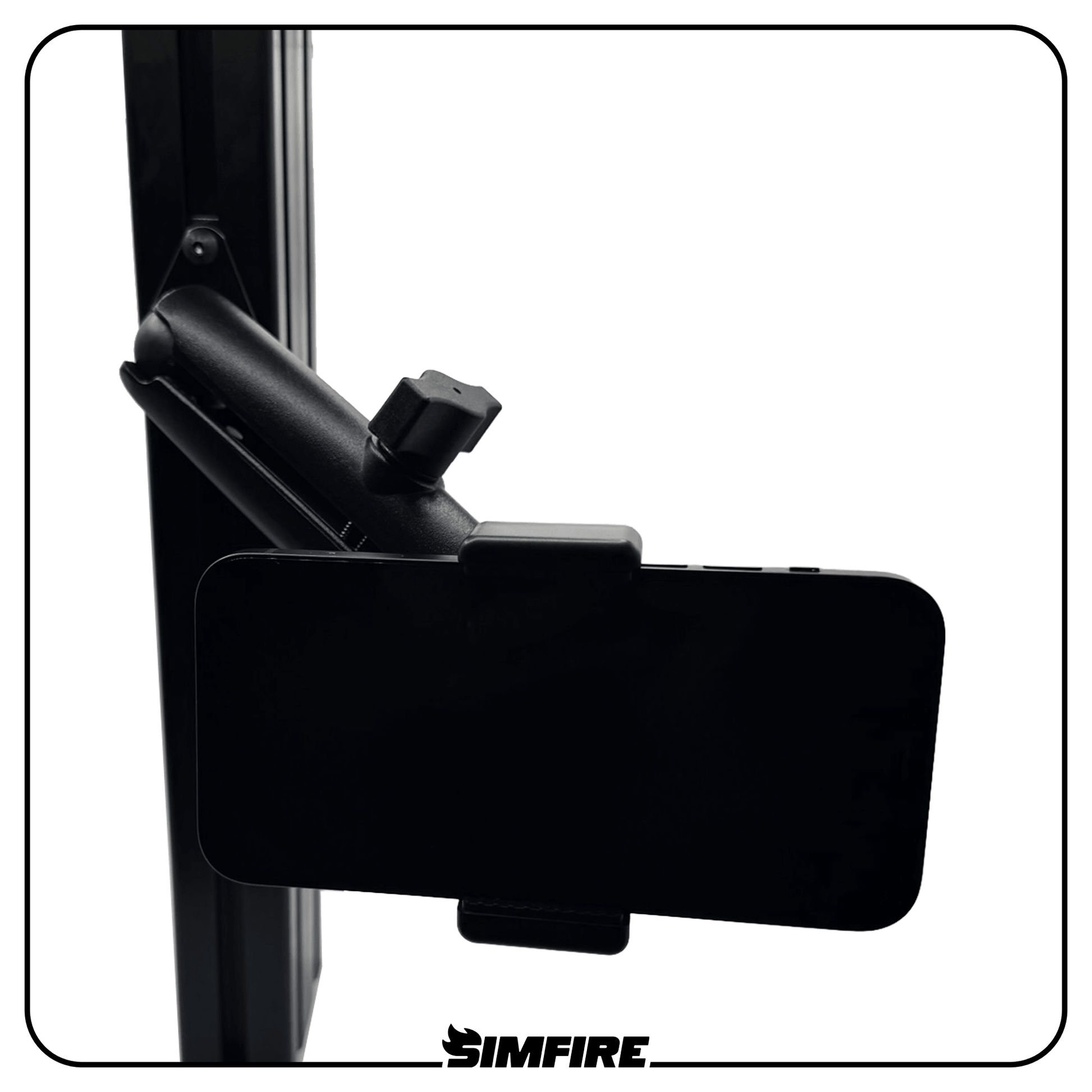 Black Simfire adjustable phone mount clamp attached to aluminium profile, shown against a white background with a black border and Simfire logo at the bottom.
