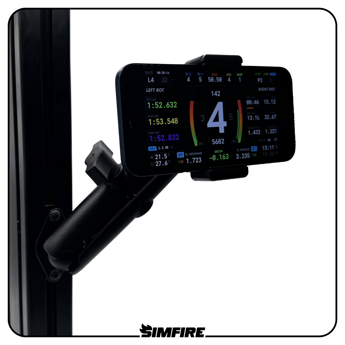 Adjustable spring loaded phone mount attached to an aluminium profile sim racing cockpit