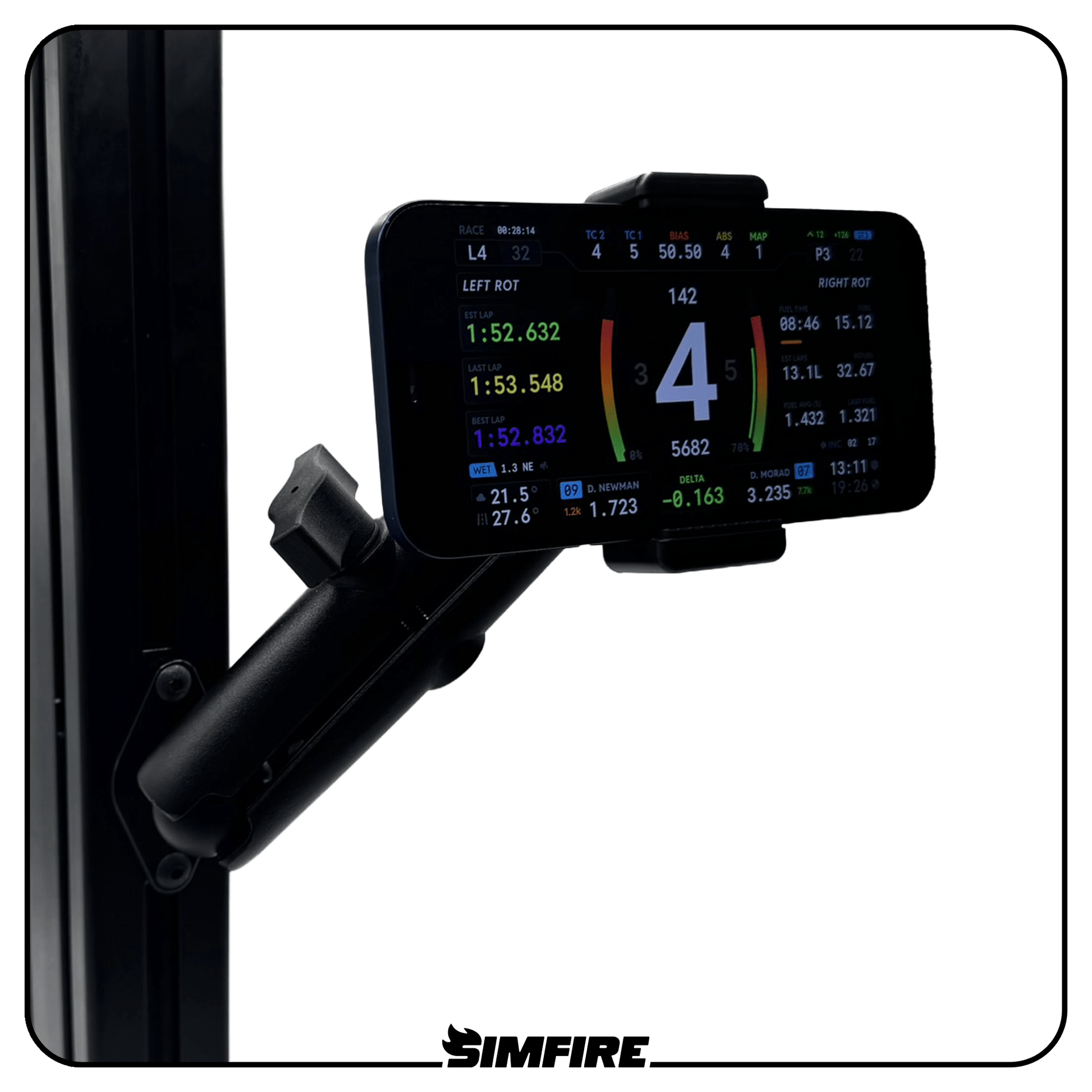Adjustable spring loaded phone mount attached to an aluminium profile sim racing cockpit