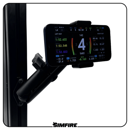 Adjustable spring loaded phone mount attached to an aluminium profile sim racing cockpit