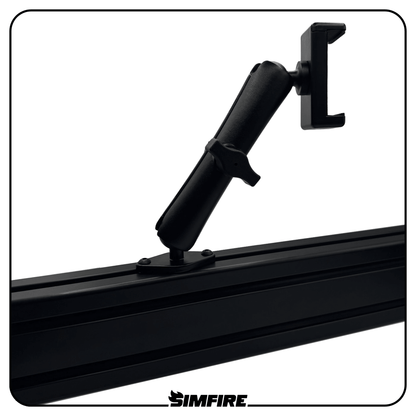 long version of simfire adjustable phone mount attached to aluminium profile sim racing rig