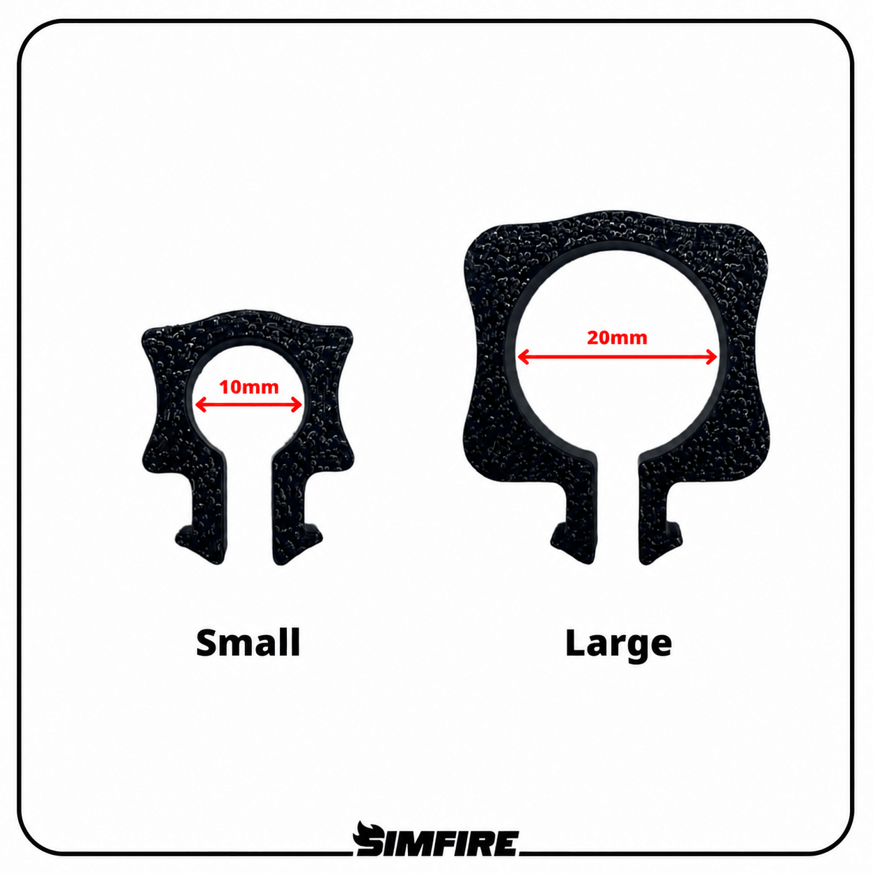 A size comparison diagram showing two cable management clips labeled Small and Large, with red dimension arrows indicating 10mm and 20mm openings. 