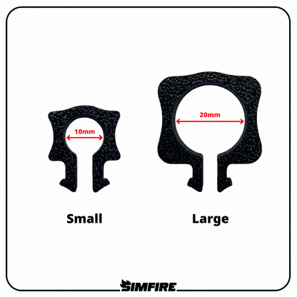 A size comparison diagram showing two cable management clips labeled Small and Large, with red dimension arrows indicating 10mm and 20mm openings. 