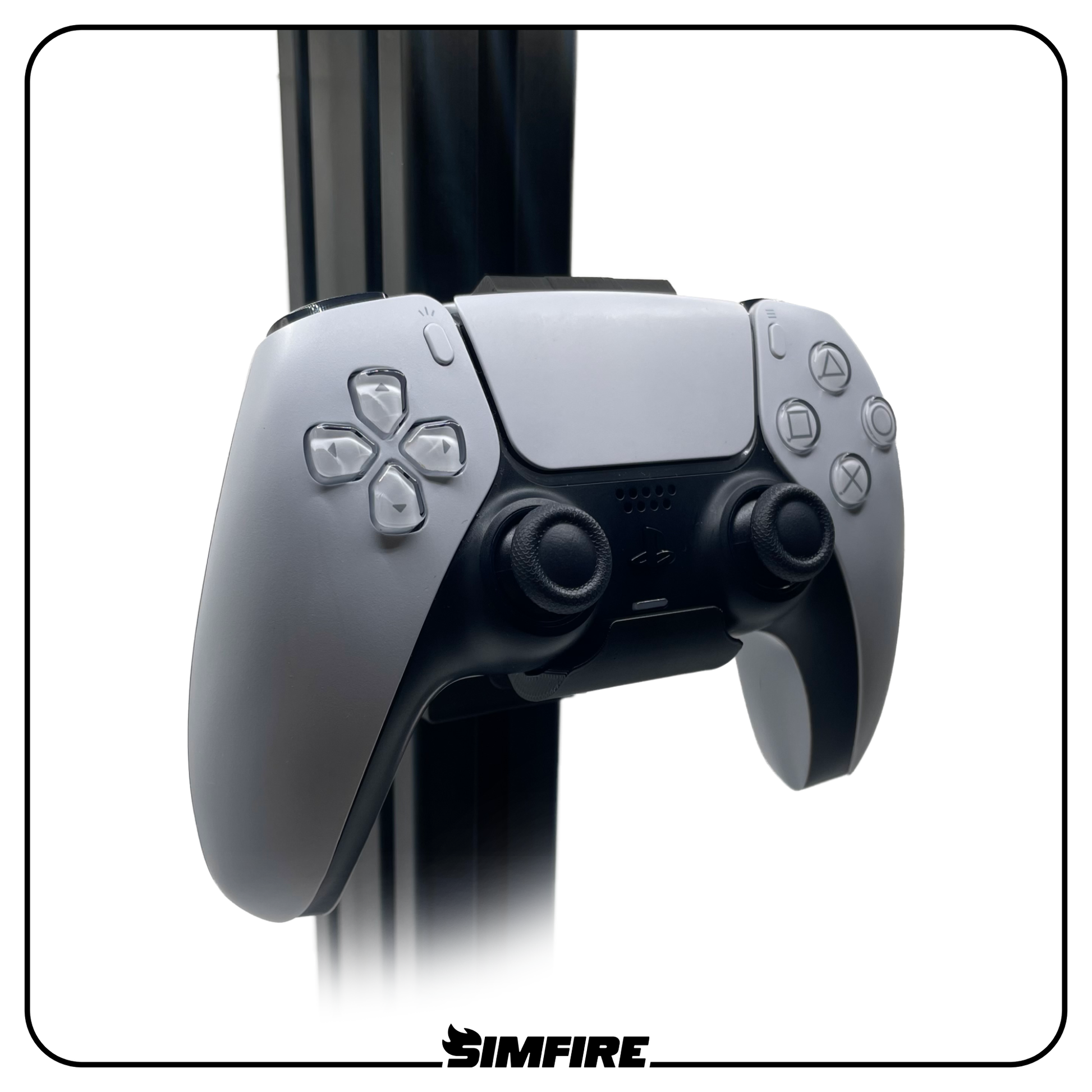 PS5 controller mounted in holder attached to aluminium profile sim racing cockpit