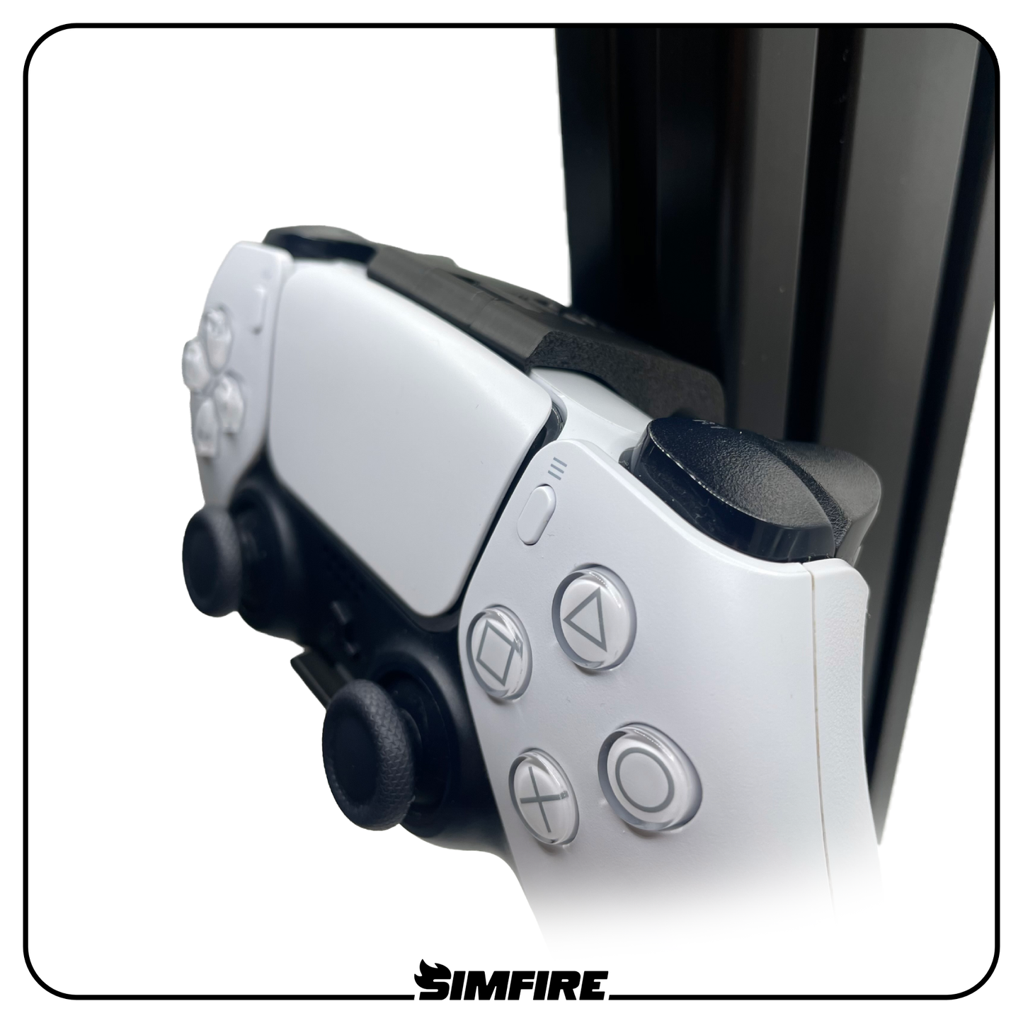 Close-up of sim racing rig PS5 controller mount showing secure controller fit