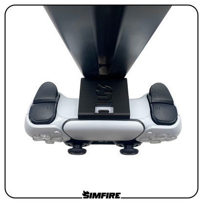 Top down view of sim racing rig PS5 controller mount showing charging port