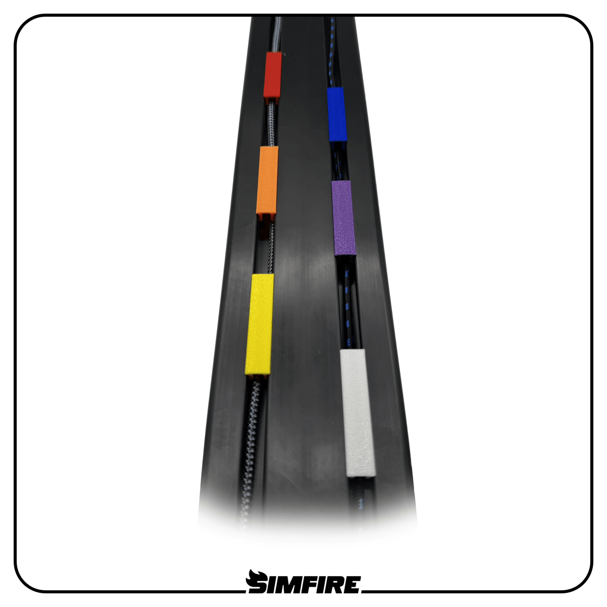 top down view of aluminium profile sim racing rig with low profile cable management clips installed in multiple colours