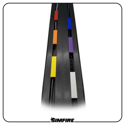 top down view of aluminium profile sim racing rig with low profile cable management clips installed in multiple colours