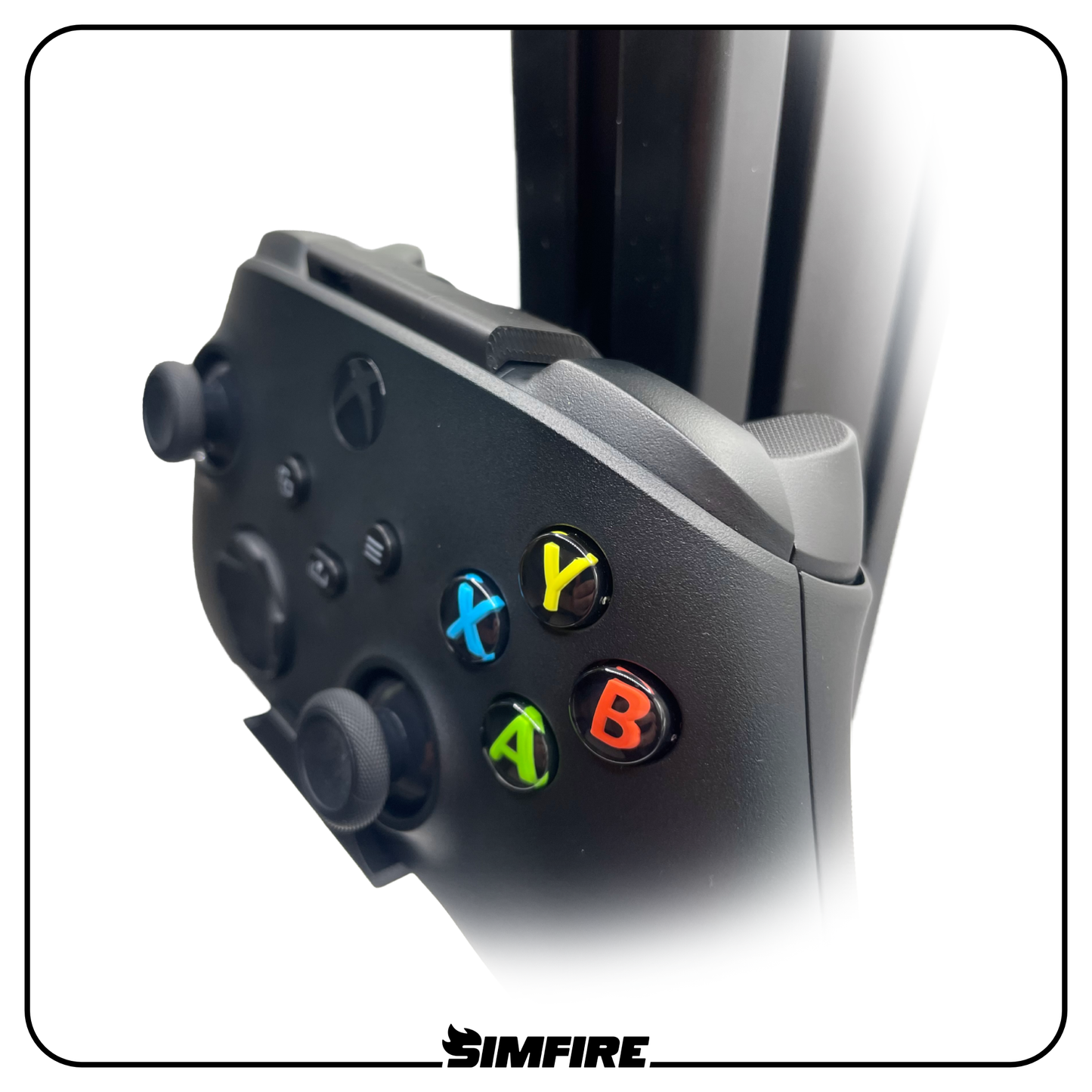Close-up of sim racing rig XBOX controller mount showing secure controller fit